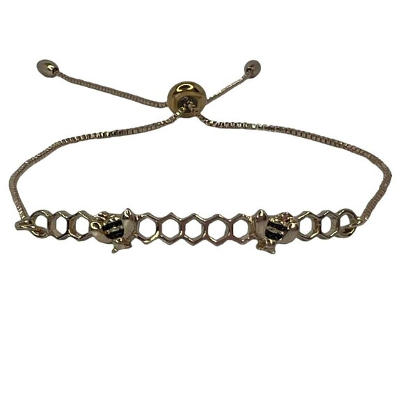 Animal Lovers Jewelry - Bee and Honeycomb Hive Adjustable Bracelet Gold Color